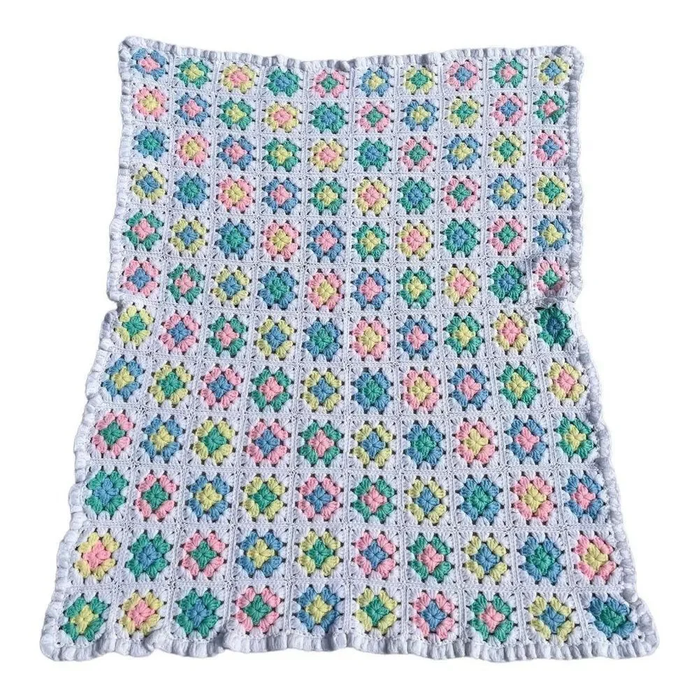 Vintage Crochet Granny Square Afghan Nursery Blanket Throw 35 x 40 Multicolor